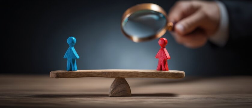 The Seesaw Balance of Blue and Red Wooden Figurines Under Magnifying Glass