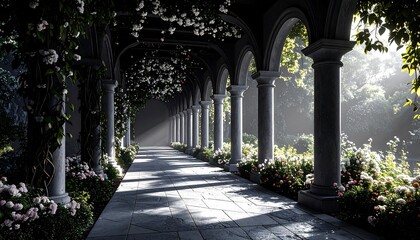 Walking Along Stone Archway Covered in Flowers with Sunlight