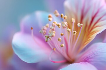 Fototapeta premium Close-up of a delicate, pastel-colored flower. Soft focus on the stamens and petals, showcasing intricate details. Pale pinks, light blues, and yellows blend harmoniously