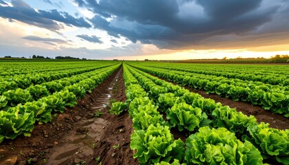 Lush green lettuce plants in neatly arranged rows across a vast field.  A dramatic sunset sky with dark clouds overhead