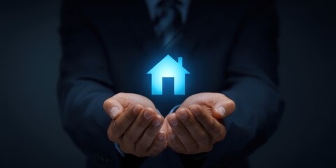 The hands holding a glowing home icon symbolizing secure property investment.