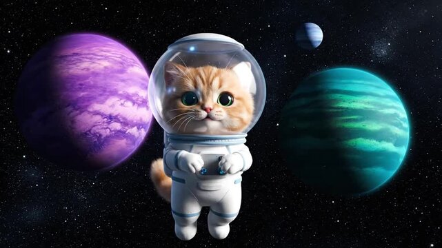 Cute playful cat astronaut floating near colorful planets in outer space with adorable look