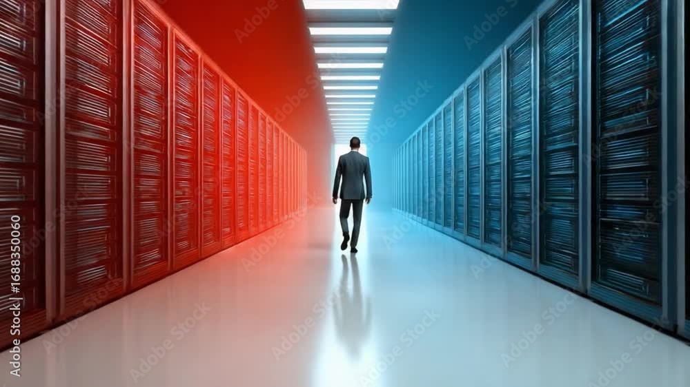 Aufkleber navigating digital realms: a solitary figure stands in a futuristic data center, flanked by rows of 