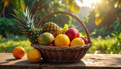 A wicker basket overflowing with vibrant tropical fruits sits on a rustic wooden table, bathed in sunlight, showcasing a bounty of colorful oranges, pineapples, mangoes, and apples.