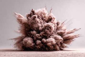 A close-up shot depicts an explosion of pale pink powder against a plain background, creating a cloud-like effect with dynamic textures and forms