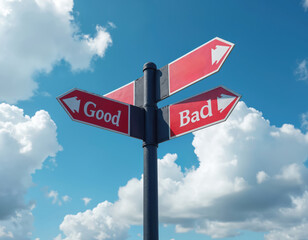 Two red directional street signs on metal pole against blue sky with clouds. One sign points left with word Good, other points right with word Bad. Represents decision making and life choices.