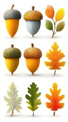 Colorful acorns and autumn leaves showcase seasonal transition in a vibrant display of nature's beauty