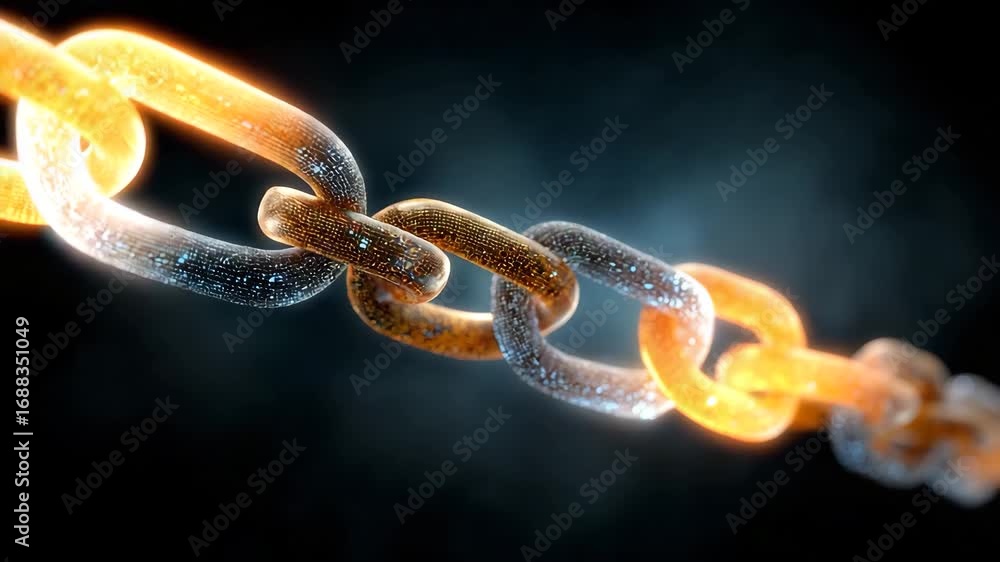 Poster colorful glowing chain links in dynamic motion representing strength, unity, and connection against 