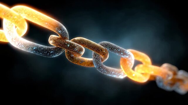 Colorful glowing chain links in dynamic motion representing strength, unity, and connection against a dark background for design and technology concepts