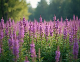 Obraz premium Summer meadow filled with purple ivan-tea cypress flowers. Soft light illuminates blooming fireweed plants in a deserted landscape. Green foliage and purple blossoms create a beautiful natural scene.