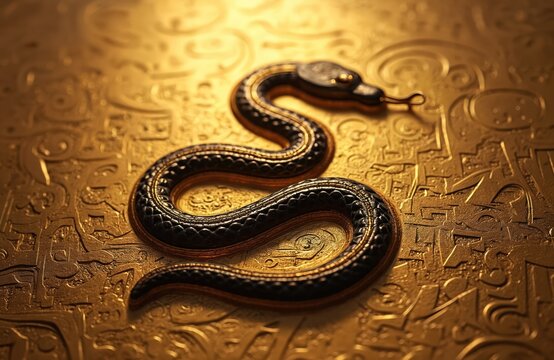 Coiled black snake hieroglyph on textured gold background. Ancient Egyptian art features intricate carvings, symbols, evoking history, culture. Metallic sheen of gold creates luxurious, antique feel, - Powered by Adobe
