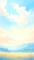 Pastel landscape painting of a serene valley under a vibrant sky