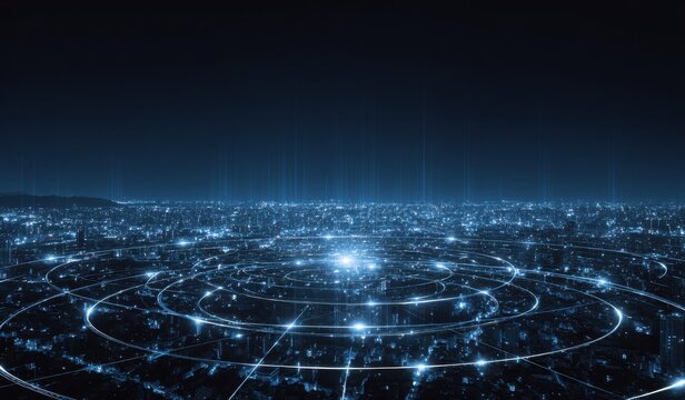 Cityscape network at night, glowing digital lines