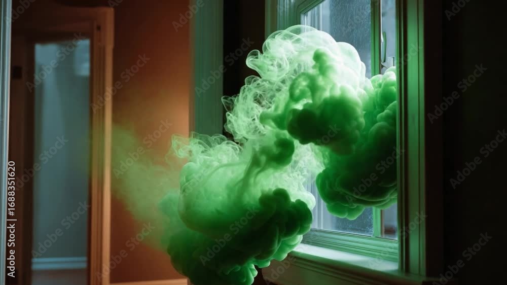 Aufkleber green smoke through the window: an artistic shot of billowing, emerald-green smoke escaping through 