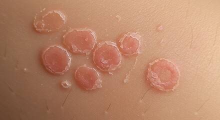 Fototapeta premium Macro photograph of a common skin condition with multiple papules or blisters, illustrating a dermatology issue on the human epidermis