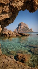 Fototapeta premium Rocky cave entrance frames a distant island peak with serene turquoise water. A stunning coastal vista evokes tranquility