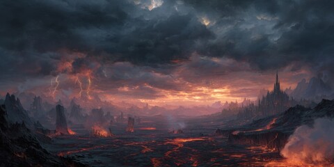Fiery landscape with ominous clouds and a gothic structure. Lava flows through a valley, surrounded by jagged, volcanic mountains. Dramatic lightning illuminates the ominous sky