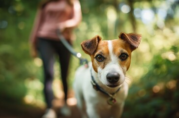 A playful dog on a leash walks with its owner in a lush, green forest, showcasing a connection between pets and nature.