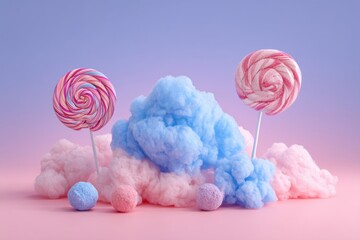 Colorful lollipops and cotton candy clouds on a pastel background