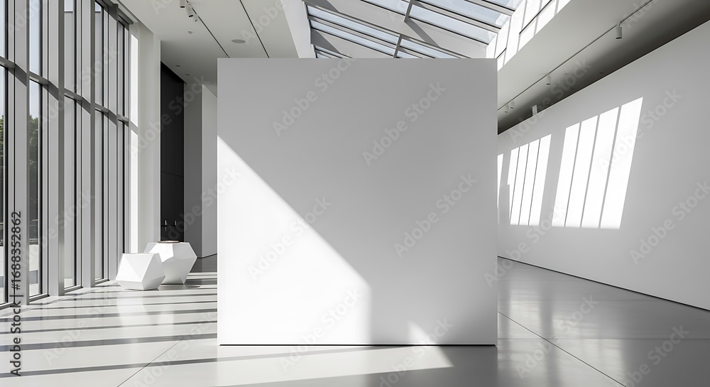 Poster modern art gallery interior with large white cube display and natural light streaming through window