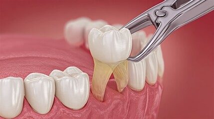 A realistic depiction of a dental extraction in progress, featuring dental tools removing a decayed tooth from an upper jaw. The surrounding teeth appear healthy, emphasizing the procedure's focus