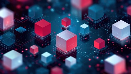 Abstract digital cubes network.  Red, white, and blue isometric cubes float on a dark, interconnected network.  Geometric shapes with glowing lines and particles