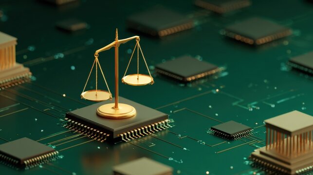 A golden scale of justice is placed atop a green circuit board, highlighting the relationship between legal principles and technological advancements in a digital age.