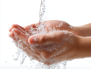 Fototapeta premium Realistic Human Hands Washing with Soap and Water Flow, Isolated on White Background