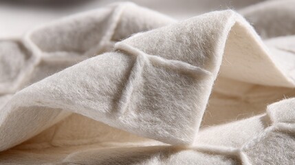 Close-up of a folded, off-white, textured felt material with a repeating geometric pattern, casting soft shadows, highlighting the fuzzy surface texture