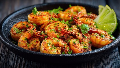 Fototapeta premium Spicy shrimp in a dark pan, garnished with cilantro and lime slices