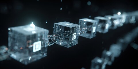 Chain of translucent cubes, digitally rendered, dark background.  Glowing, interconnected blocks forming a linked chain, showing intricate inner workings