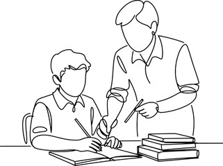 Teacher assisting student learning with books stacked nearby education concept