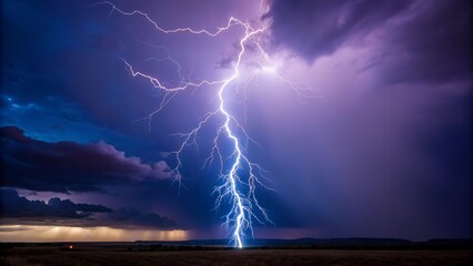 A powerful bolt of lightning illuminates a dramatic stormy sky over a dark landscape