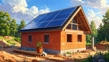 A sun-drenched, countryside scene depicts a  newly constructed home featuring solar panels on its roof.