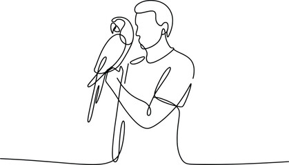 Minimalist line art of person holding a parrot pet companion bird symbolizing friendship