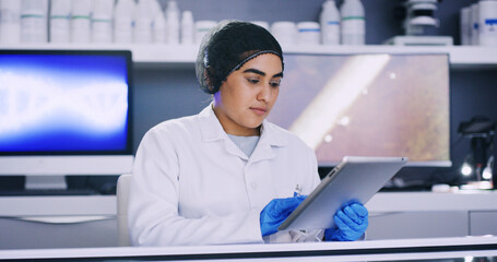 Woman, scientist and check tablet in lab for medical research, microbiology study and hairnet for hygiene. Science, ppe for safety and female doctor with digital results for healthcare innovation