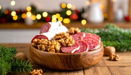 Festive charcuterie board with salami and walnuts