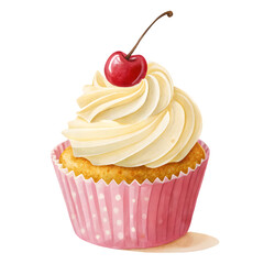 Delicious vanilla cupcake with swirled frosting and cherry topping