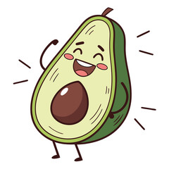 A cheerful cartoon avocado character with a big smile and raised arms radiating happiness and excitement on a white background