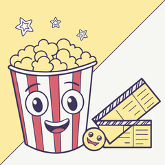A cheerful cartoon bucket of popcorn with a happy face and stars above alongside a movie clapperboard and a smiley face icon perfect for cinema and entertainment themes