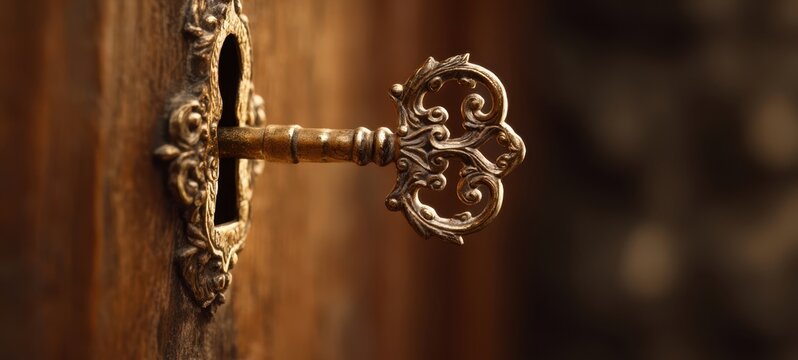 The Key with Ornate Filigree Inserted into an Old Wooden Door Keyhole