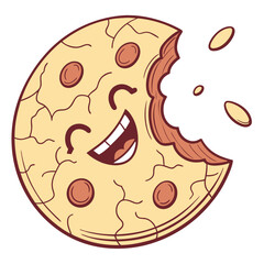 A cheerful cartoon cookie with a bite taken out of it is smiling widely with its mouth open and crumbs flying off