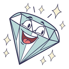 A cheerful cartoon diamond character with a wide smile and expressive eyes surrounded by sparkling stars representing joy and brilliance