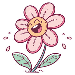 A cheerful cartoon flower with a big happy smile and pink petals is depicted with water droplets around it