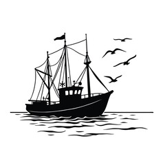 Obraz premium Black silhouette of a fishing trawler with seagulls