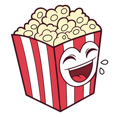 A cheerful cartoon popcorn box with a big happy laugh and tears of joy perfect for movie night or entertainment themes