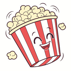 A cheerful cartoon popcorn bucket with a happy face and popping kernels is joyfully dancing and celebrating with a wide smile and closed eyes