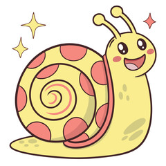 A cheerful yellow cartoon snail with a pink polka dot shell and sparkling stars is smiling brightly conveying happiness and joy in a simple illustration