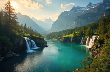 Fototapeta premium Majestic mountain range with turquoise lake, cascading waterfalls under bright blue sky with scattered clouds. Green forests, rocky cliffs surround water. Sunlight streams through sky, illuminating
