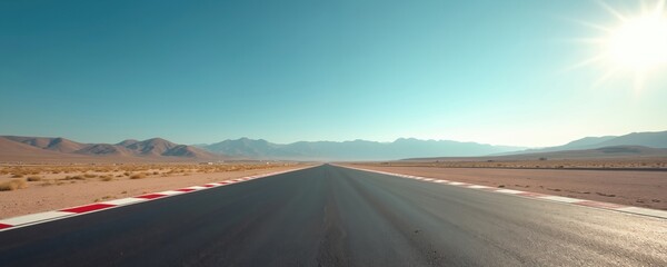 Vast empty asphalt raceway under clear blue sky. Expansive horizon features track stretching into distance toward distant mountains. Desolate desert landscape with sparse vegetation.